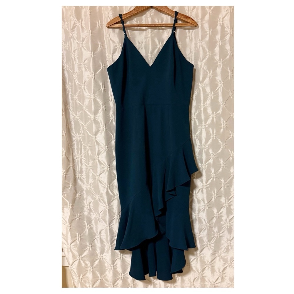 Dress the Population Wendy Sleeveless Ruffle Midi Dress Pine Green High Low - Picture 2 of 10